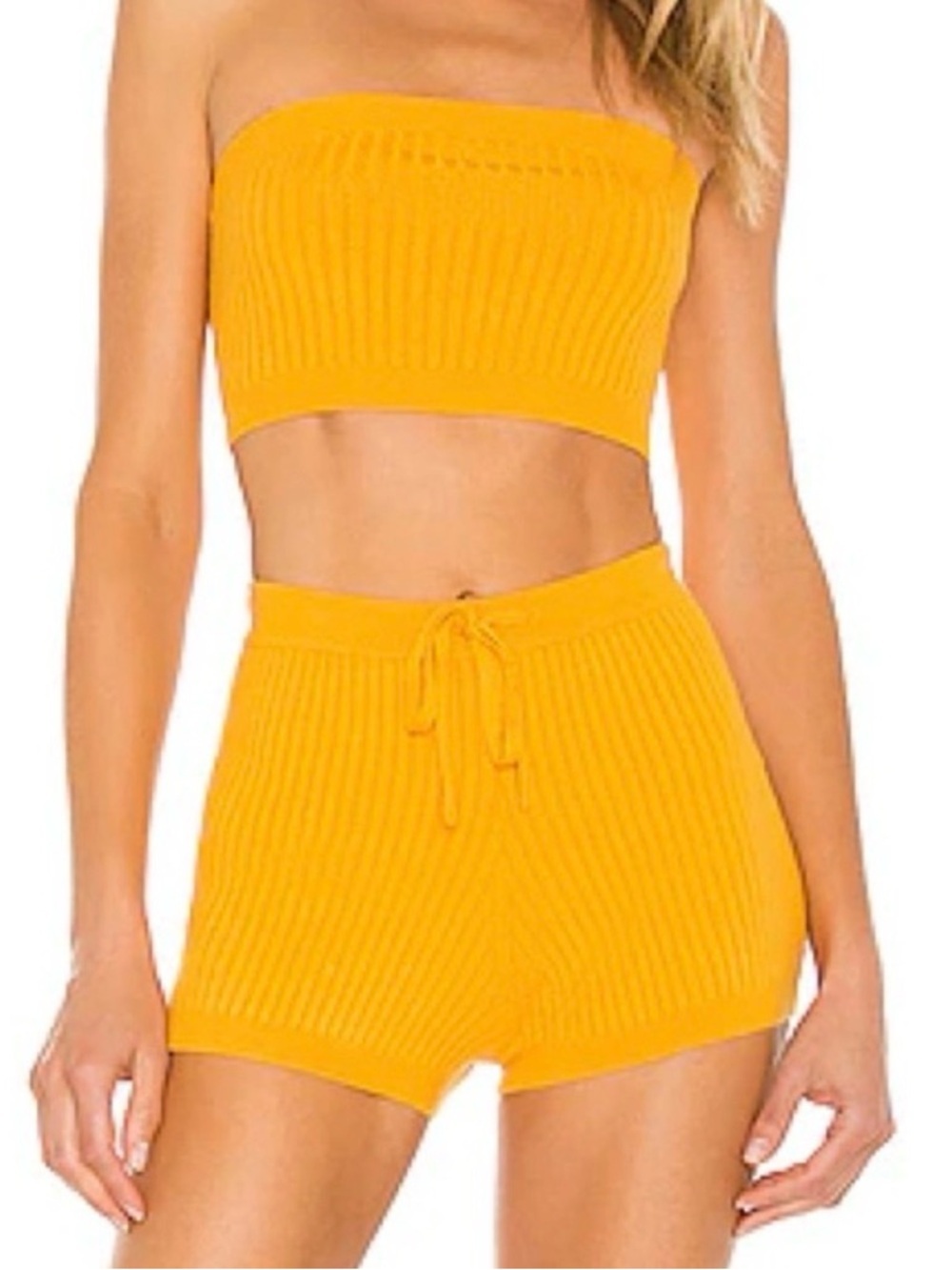 Lovers+Friends SET Stacie Knit Crop Top & Shorts Small Apricot Yellow Spring